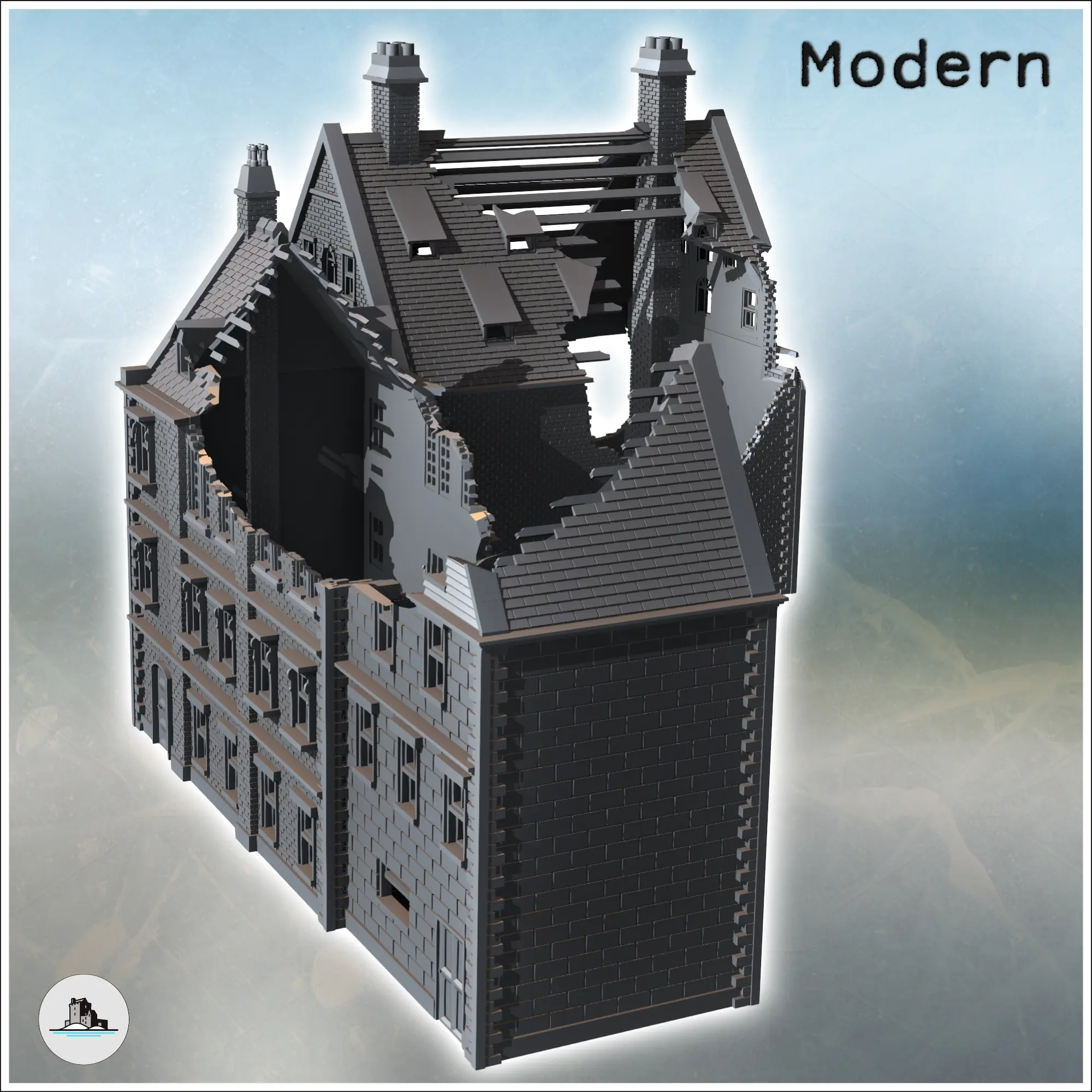 Insieme di due grandi edifici moderni in mattoni con tetti spioventi a