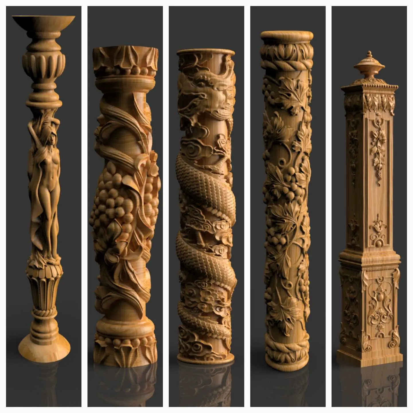 The pillar, column, stand, support with grapes, dragon, girl