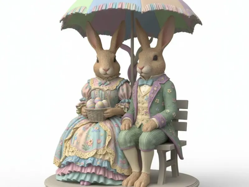 Easter Rabbits sitting on a bench under umbrella