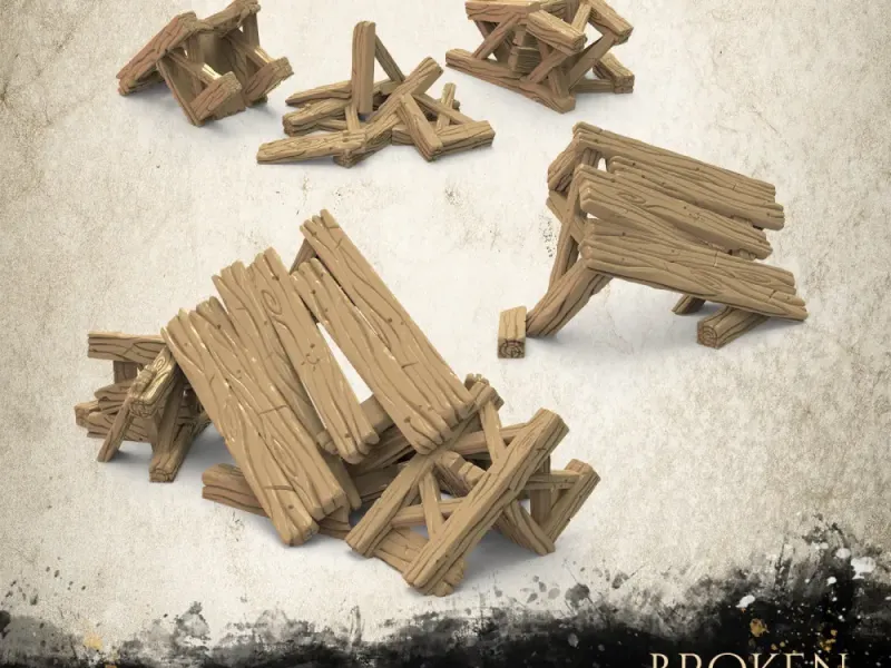 Kapotte tafel en stoelen