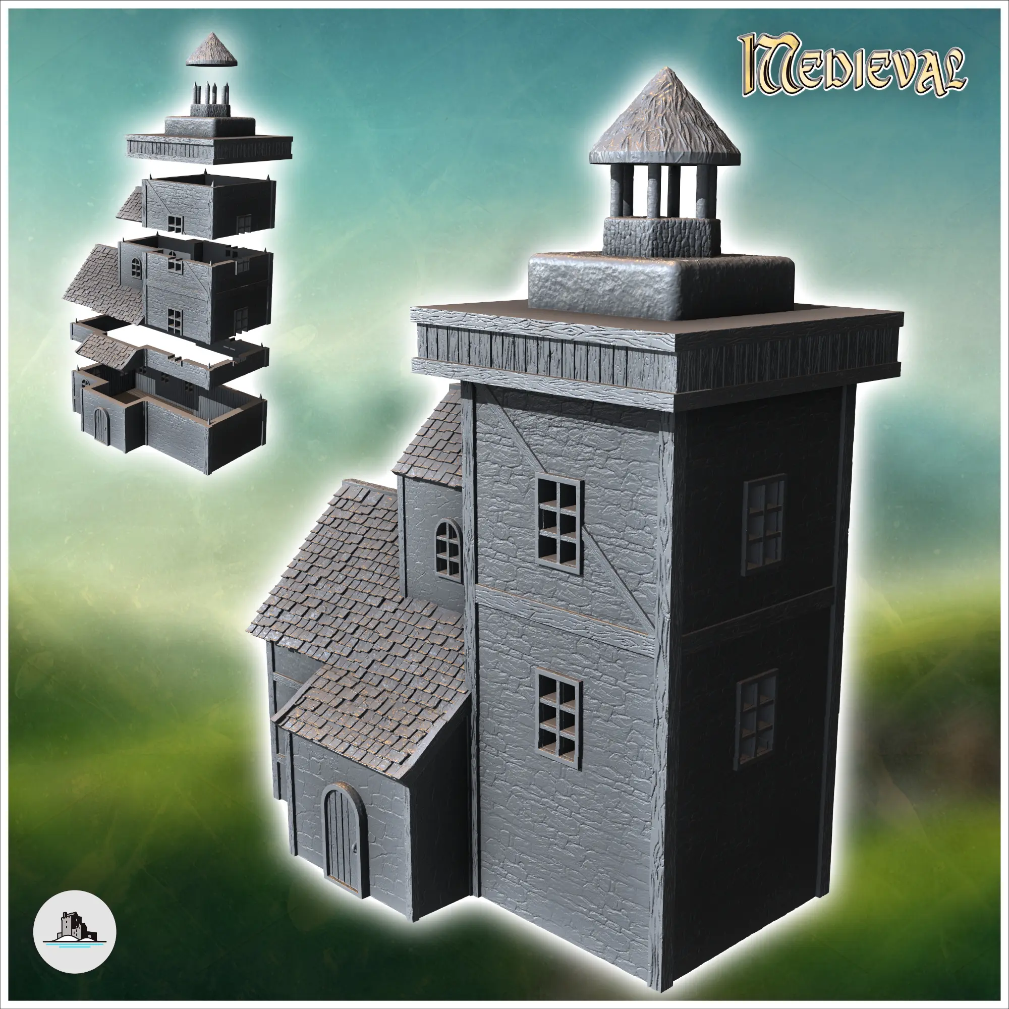 Medieval lighthouse with square stone tower and annex house