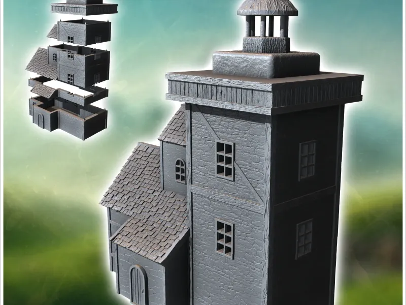 Medieval lighthouse with square stone tower and annex house