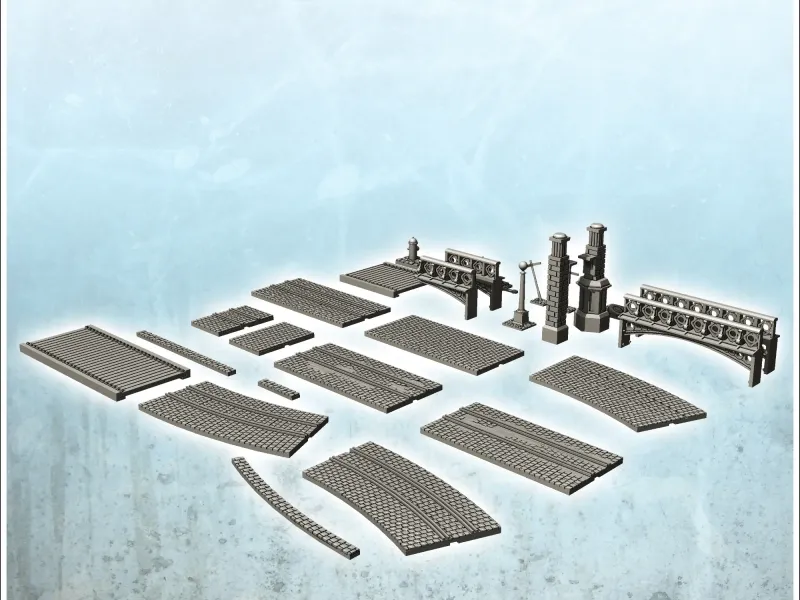 Conjunto de estradas pavimentadas com carris de elétrico e acessos urbanos