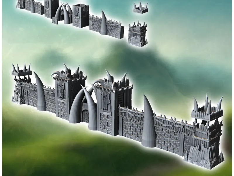 Medieval modular orc wall with orc heads and wooden towers (