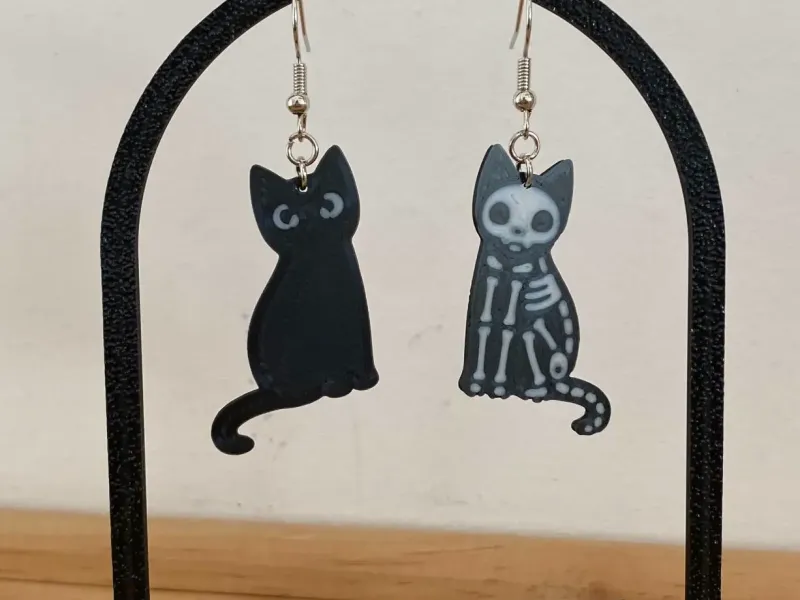 Earrings Black Cat & Skeleton Cat