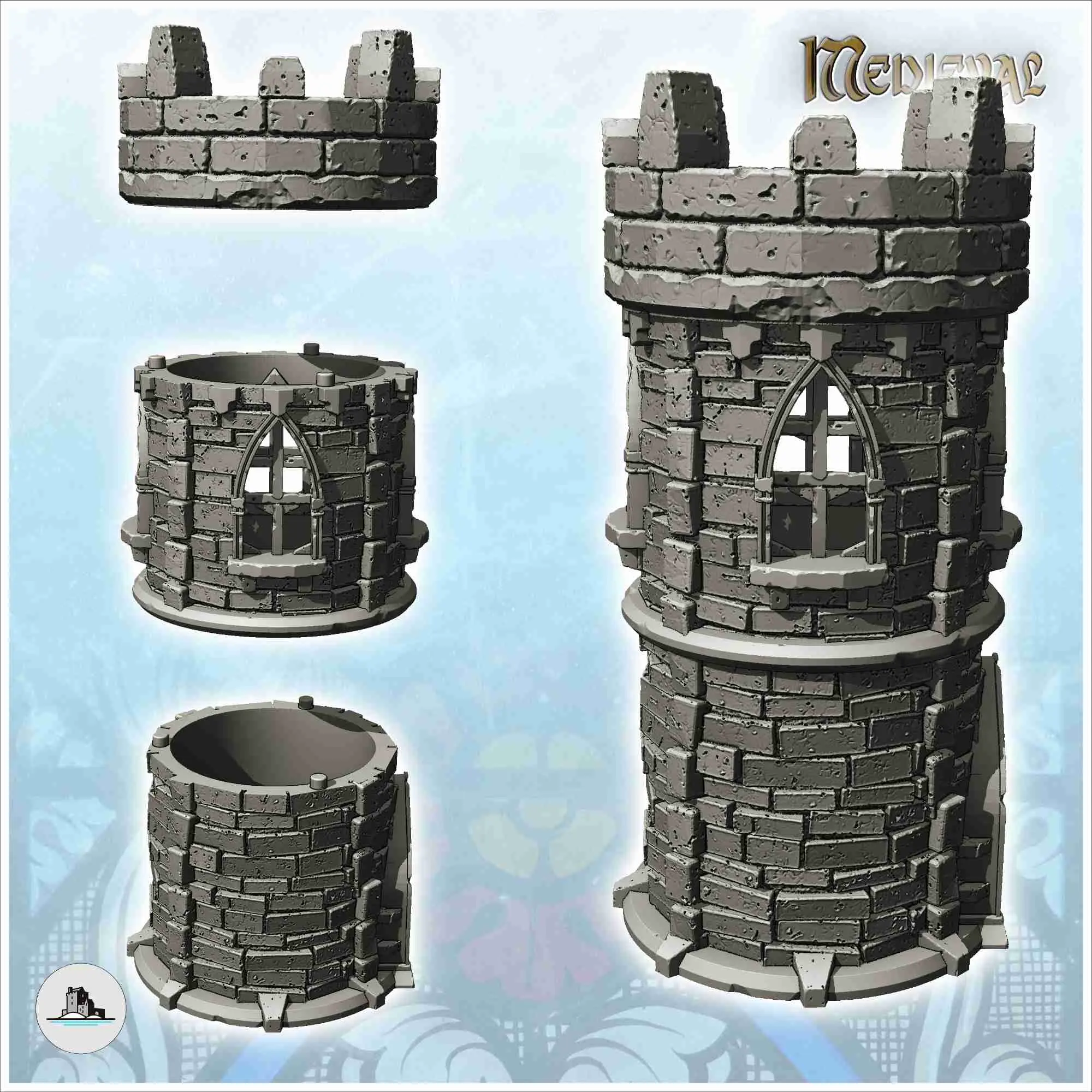 Turn medieval rotund din piatră cu creneluri și fereastră gotică