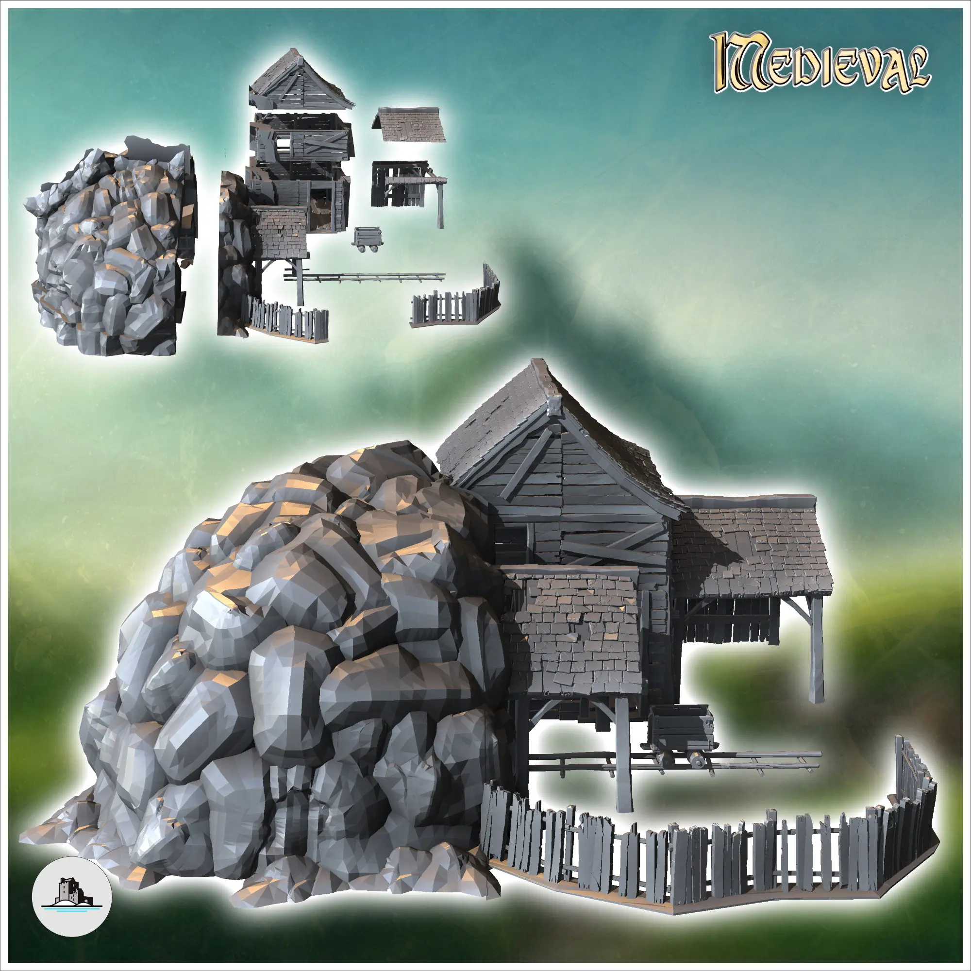 Medieval mine entrance with rails and mining building (8) -