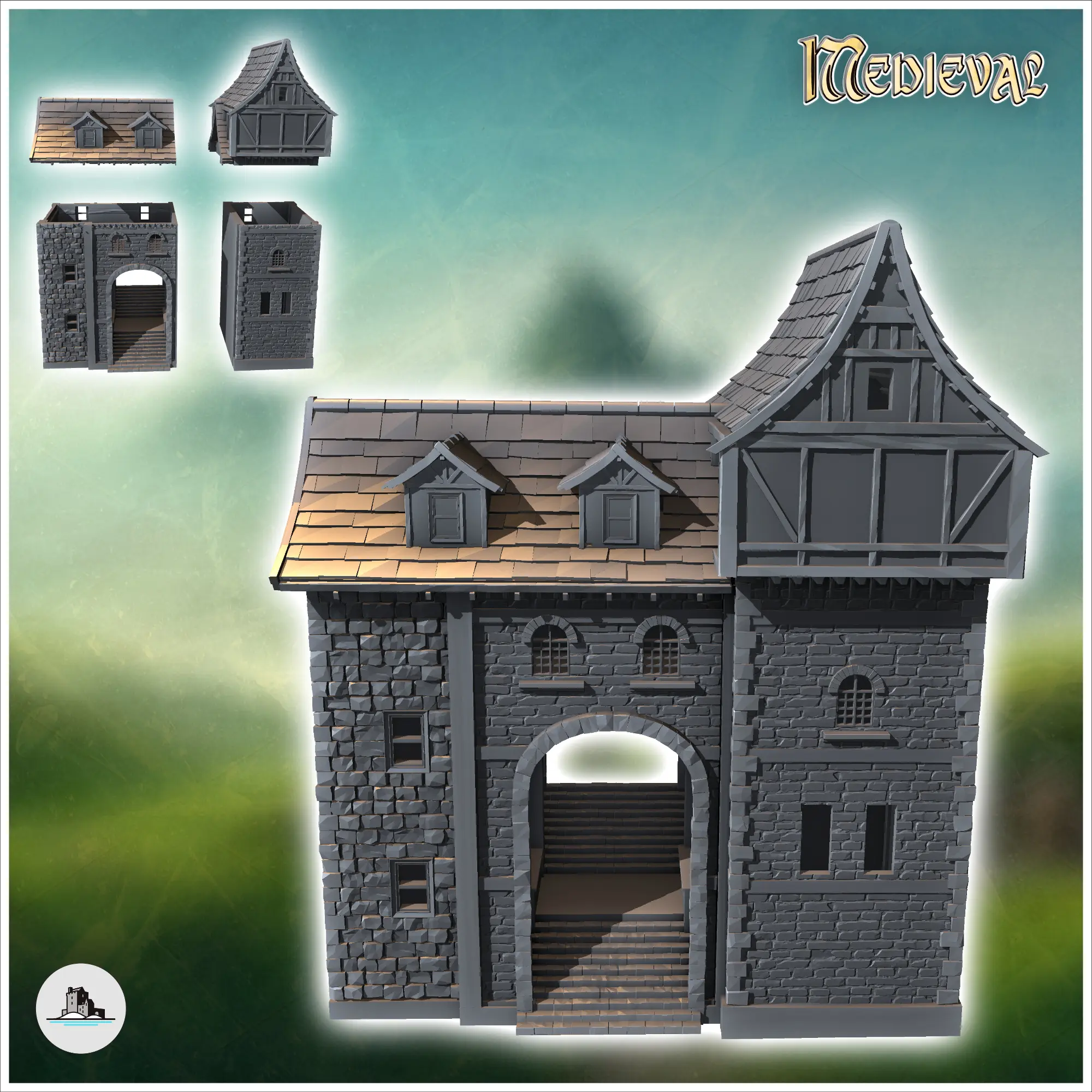 Medieval stone building with concave roof and central stairc