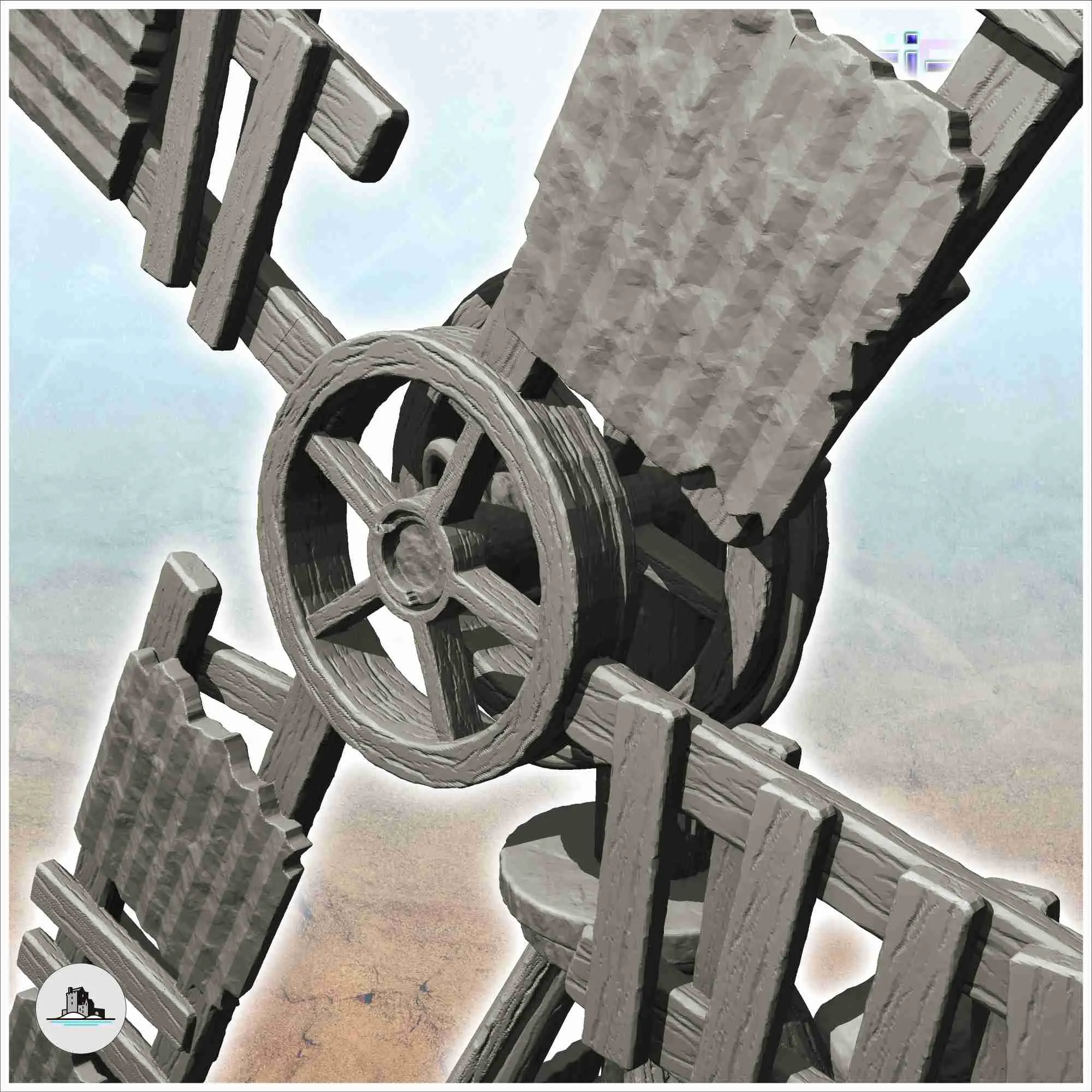 Post-apocalyptic wind turbine made of sheet metal and wood w