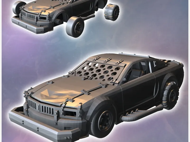 Post-apocalyptic Mustang car with improvised armor and front