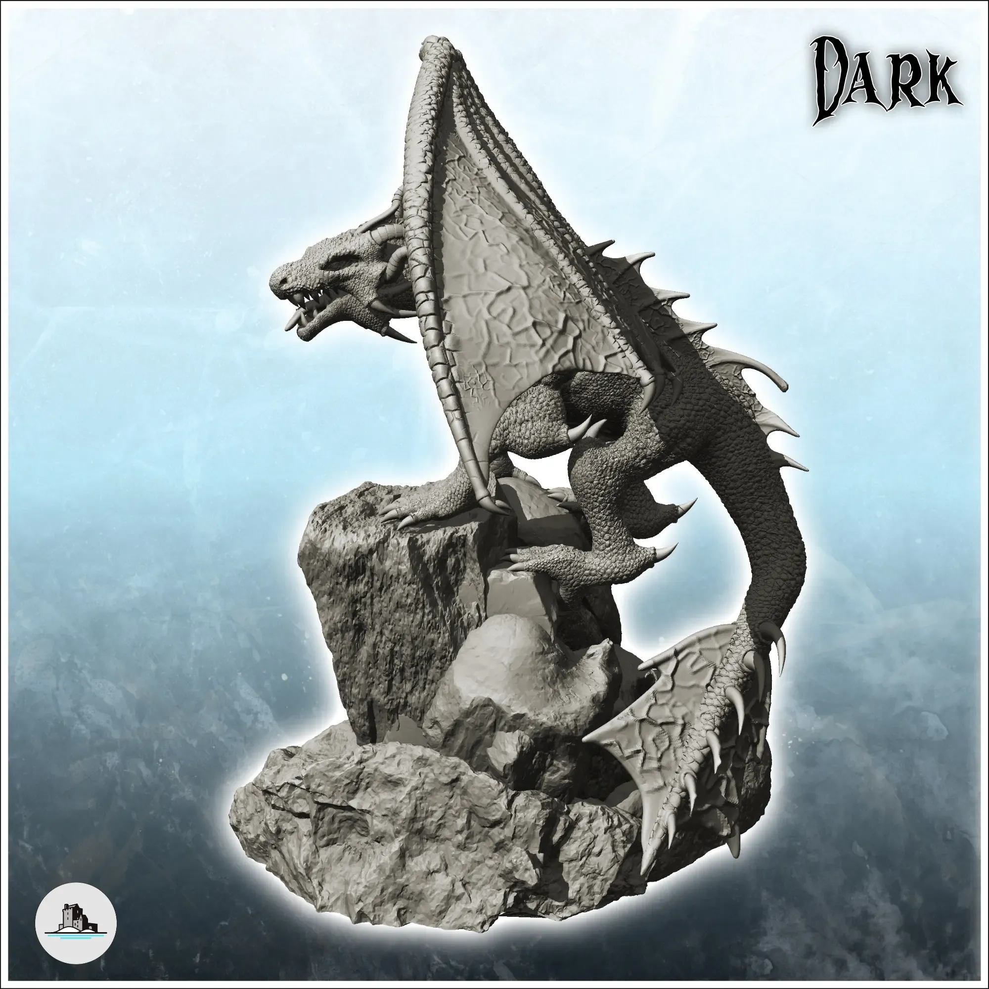 Horned dragon on rocky promontory - figure miniature statue