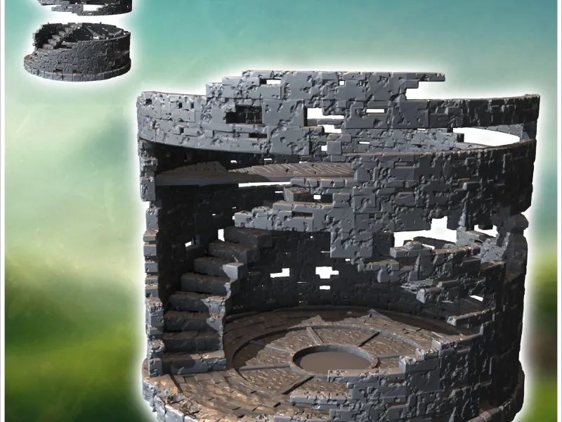 Round Stone Ruin with Internal Staircase and Patterned Floor