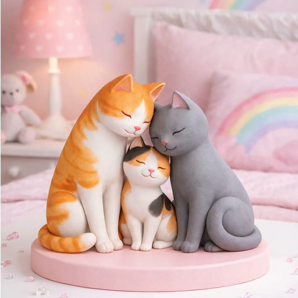Cat Family Sculpture STL File for 3D Printing | Minimalist