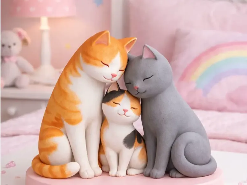猫咪家庭雕塑3D打印STL文件 | 极简风