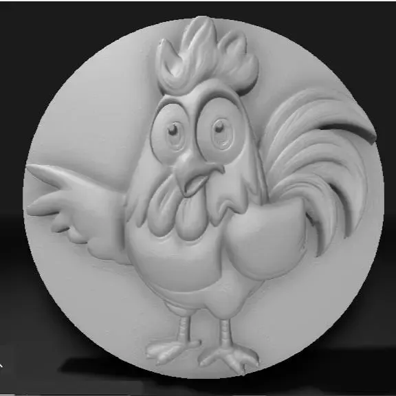 cartoon rooster with big, expressive eyes,