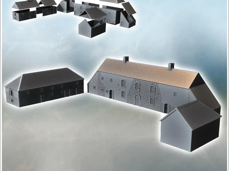 Set van drie Normandische boerderijgebouwen met zichtbare bakstenen en f