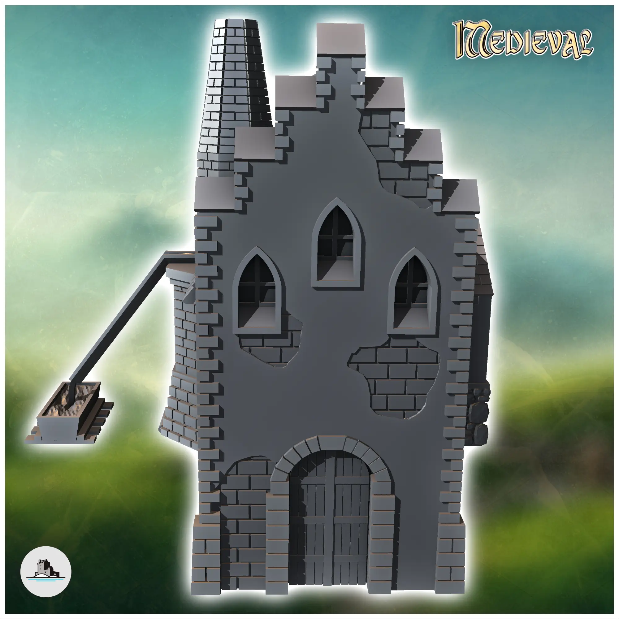 Herrería medieval con gran chimenea de ladrillo y outd