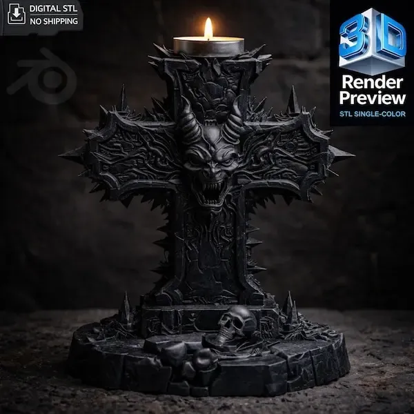 Gothic Demon Cross Candle Holder STL