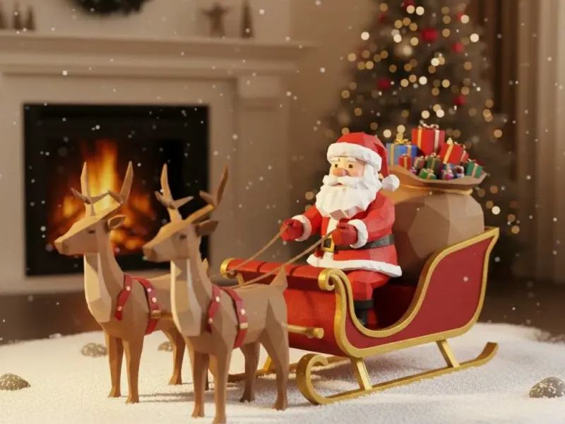 Santa Claus on a sleigh with reindeer and gifts lowpoly