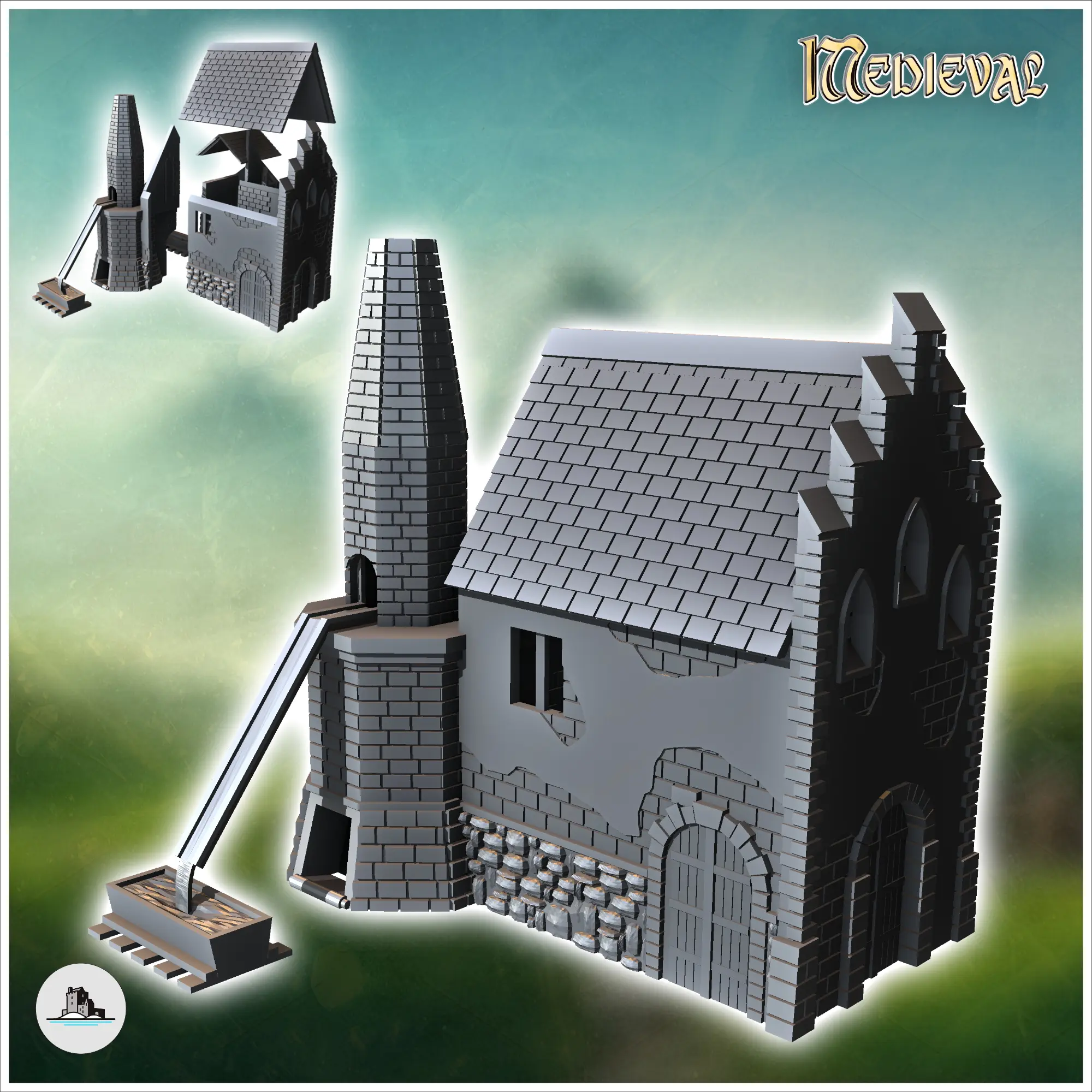 Herrería medieval con gran chimenea de ladrillo y outd