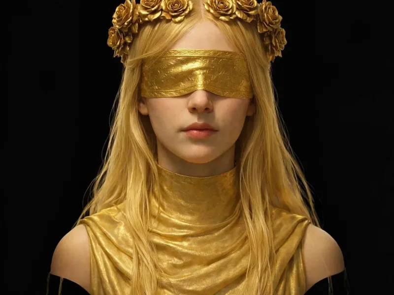 Golden Blindfolded Woman Bust with Rose Crown