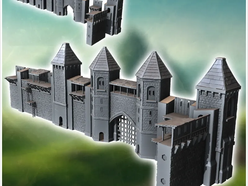 Modular set of medieval defensive walls with wooden towers a