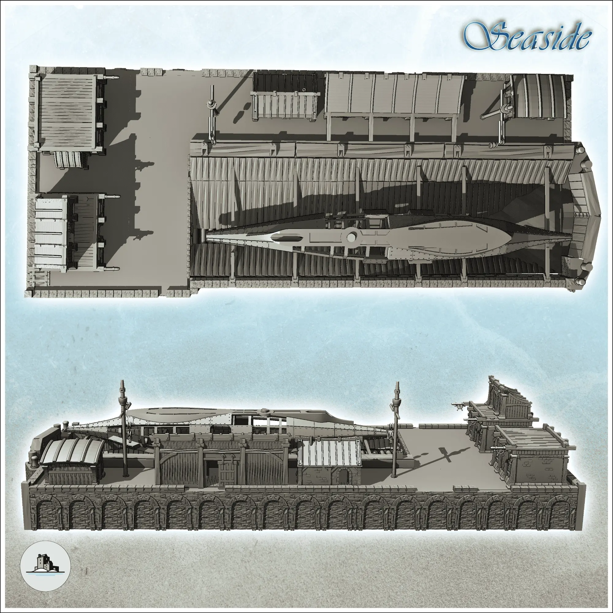 Medieval shipyard with ship hull and ancillary buildings on