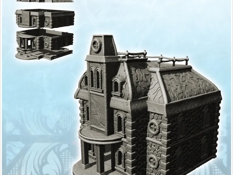 Large two-story stone building with entrance canopy and colu