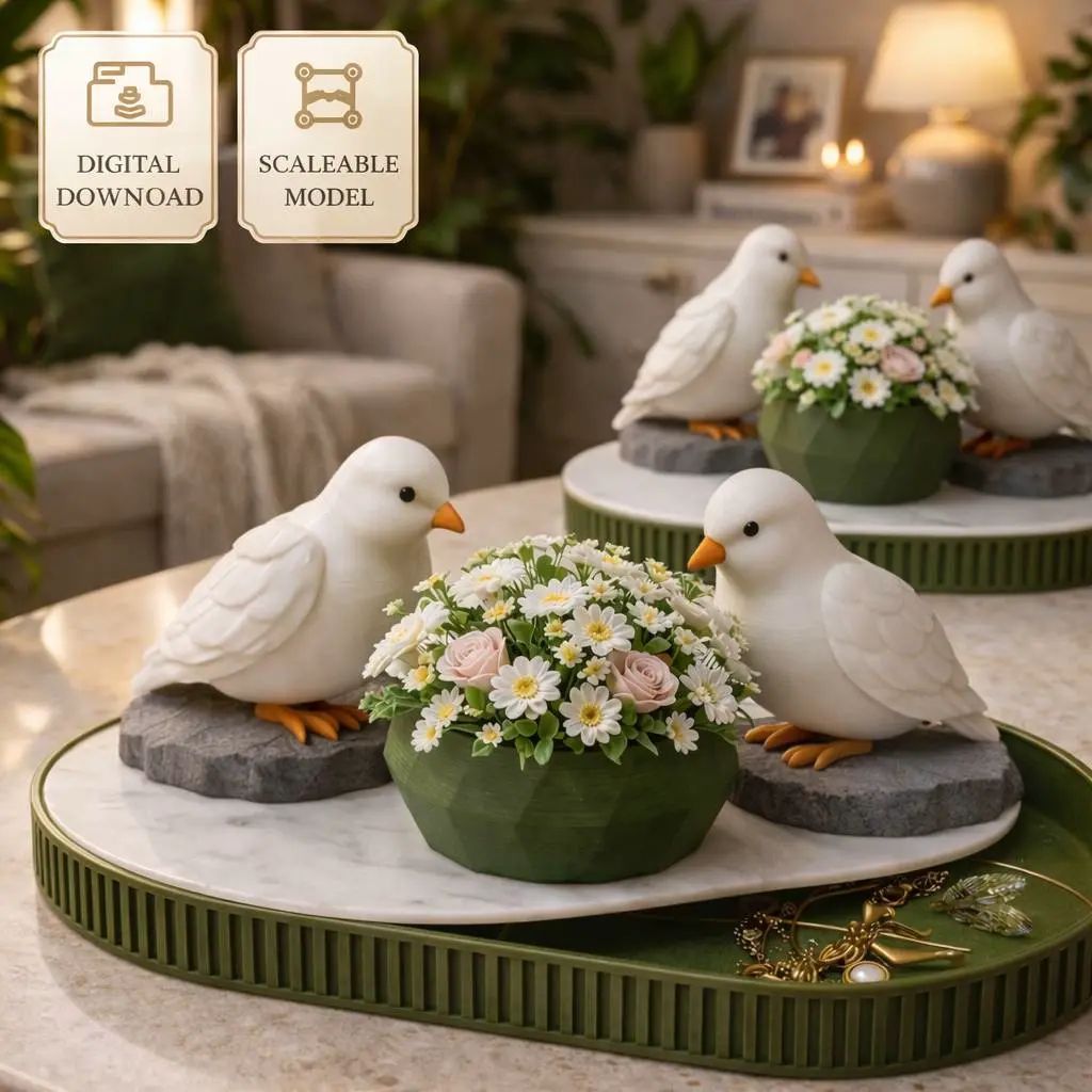 Bird decor set STL, planter tray with hidden box