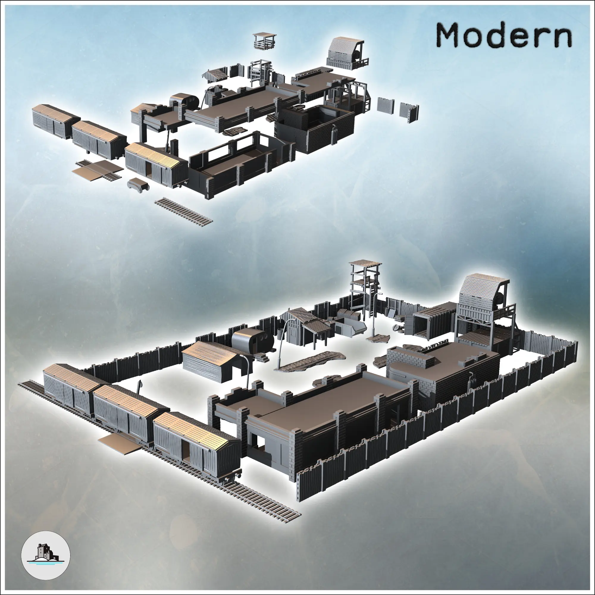 Modern base set with watchtowers, wooden enclosure and train