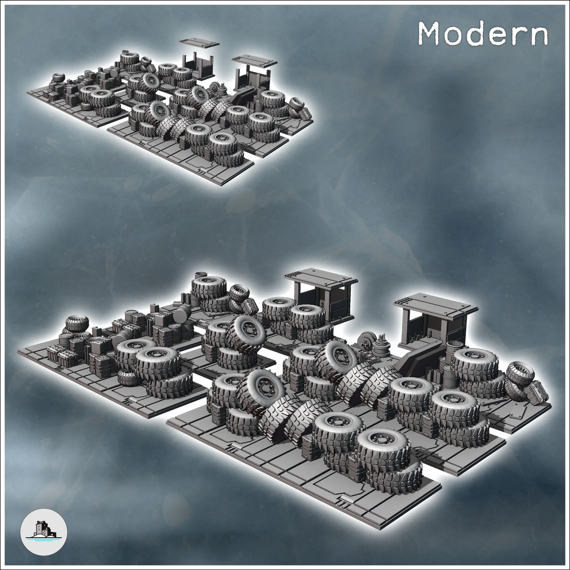 Set of tire barricades with crates and two sheltered shacks
