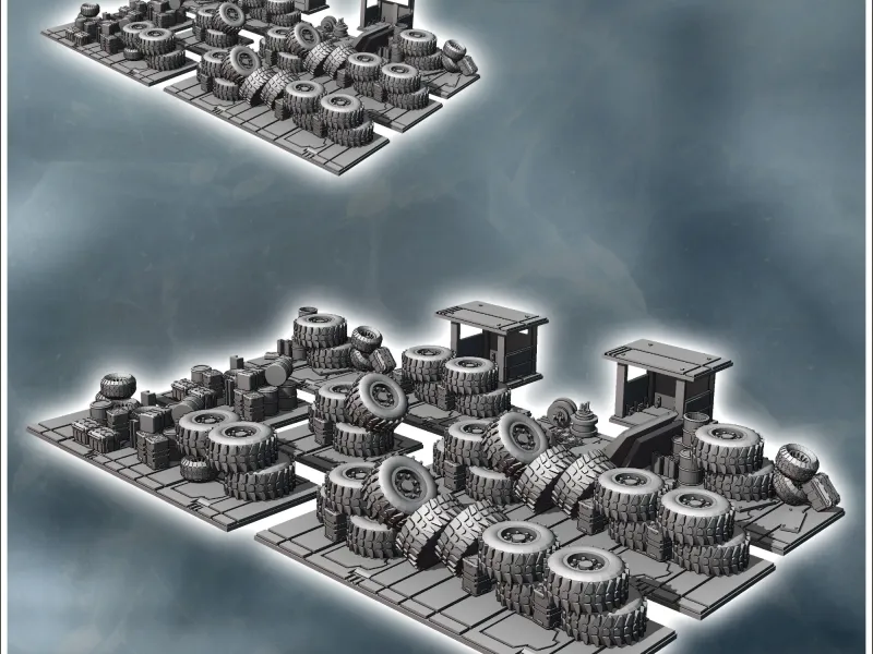 Set of tire barricades with crates and two sheltered shacks