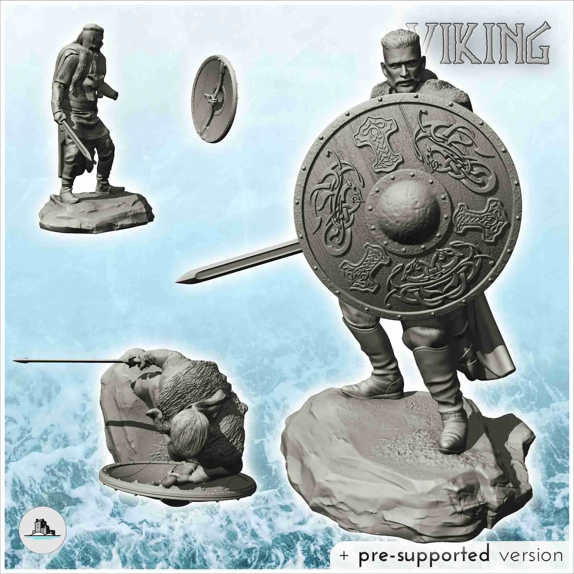 Viking warrior in fighting position with shield and sword