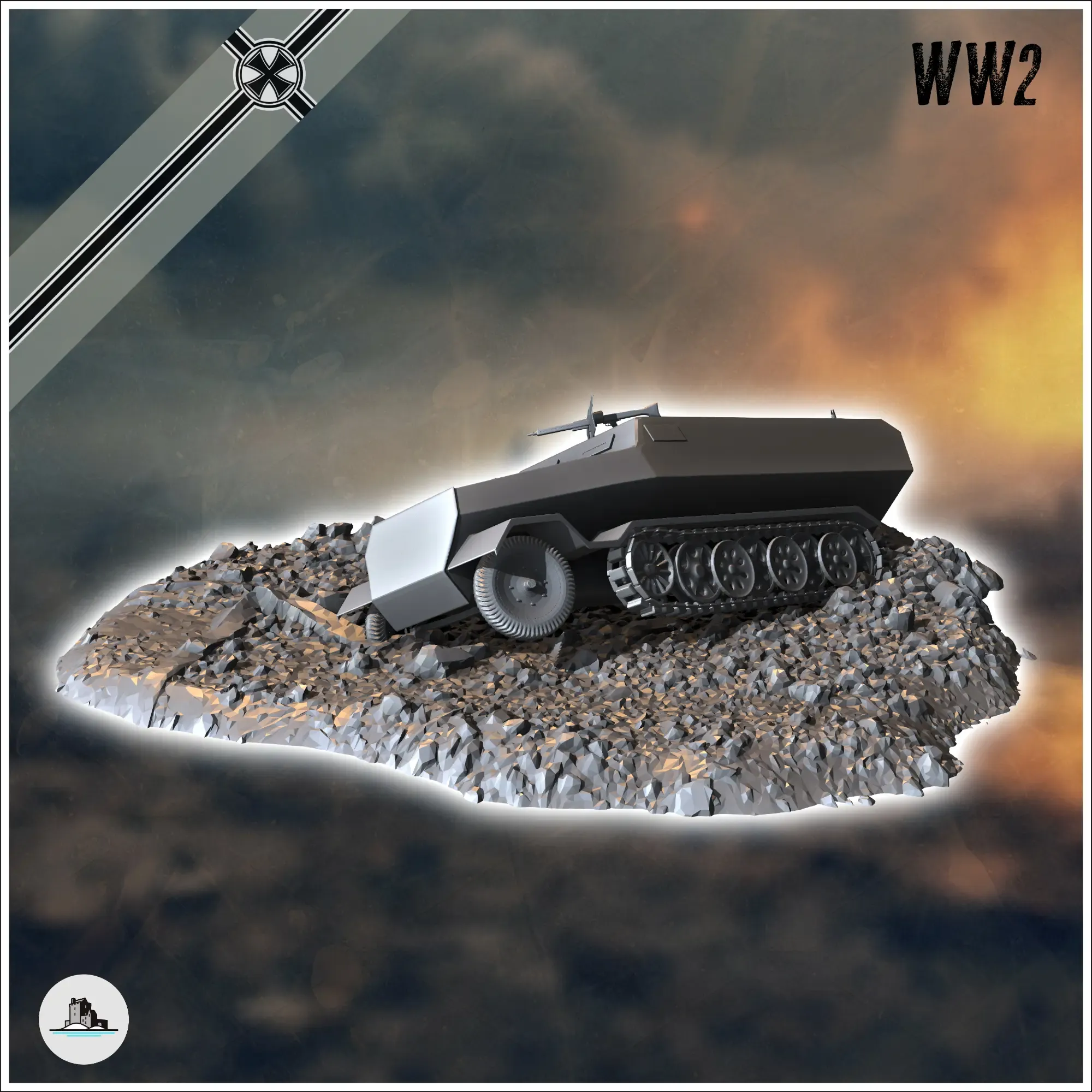 Destroyed German Sd.Kfz. 251 half-track carcass in debris (6
