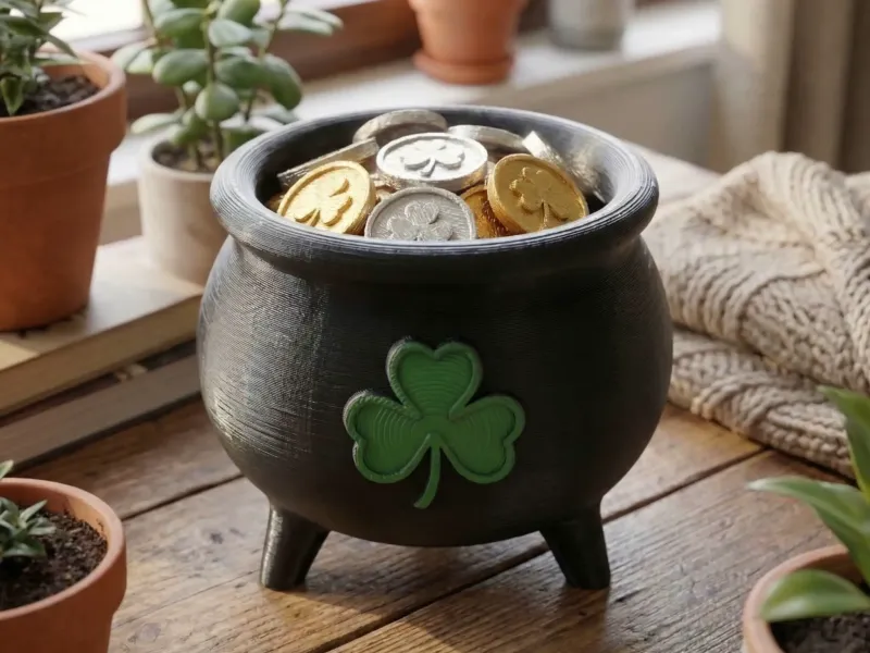 St. Patrick's Day 3D Printed Cauldron with Shamrock and Coin
