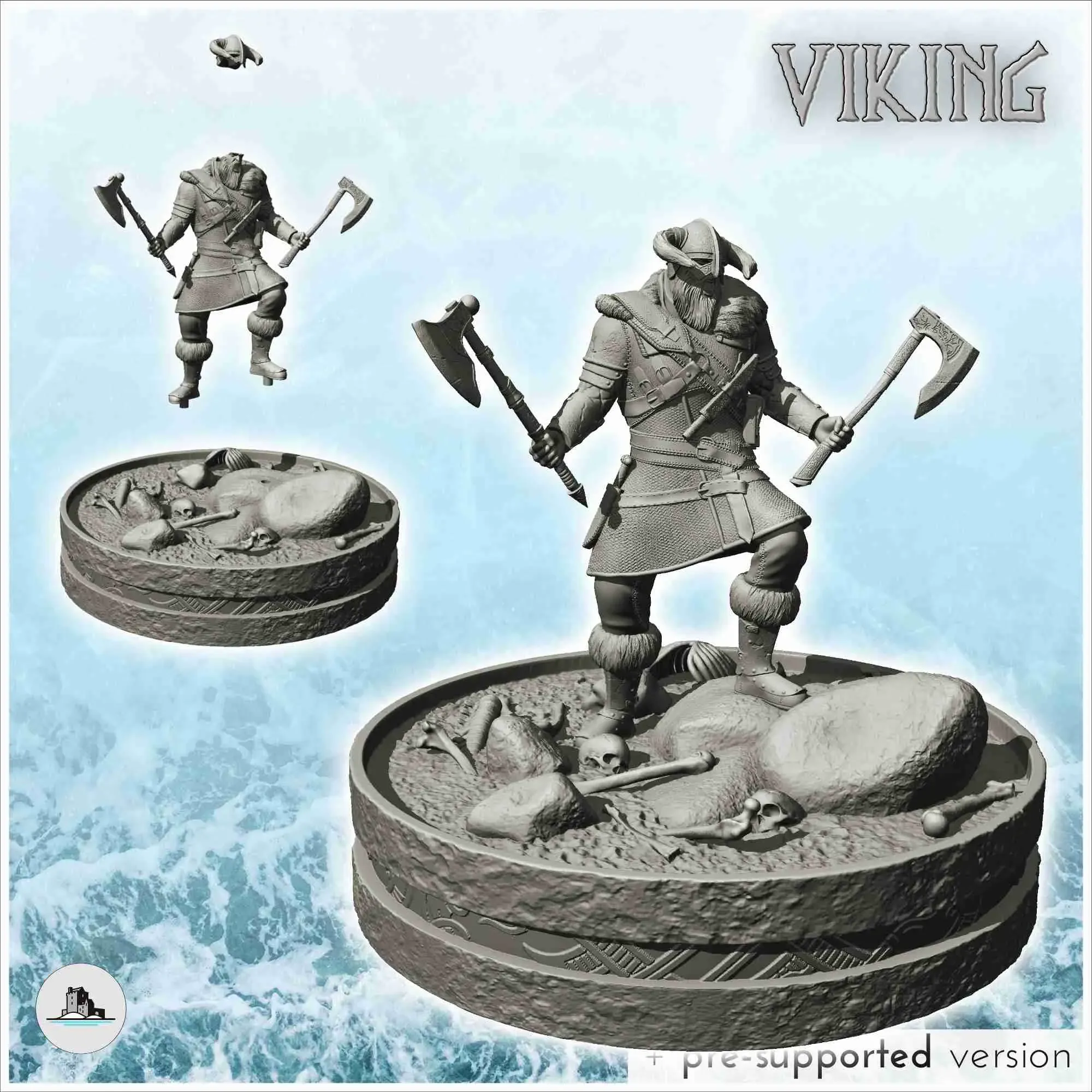 Viking warrior on battlefield with horn helmet and axes
