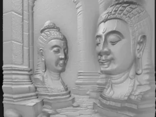 ancient stone statues in a misty temple,