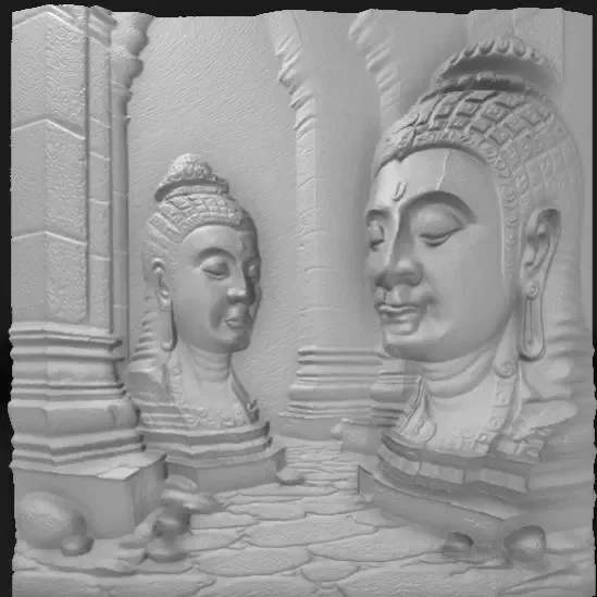 ancient stone statues in a misty temple,