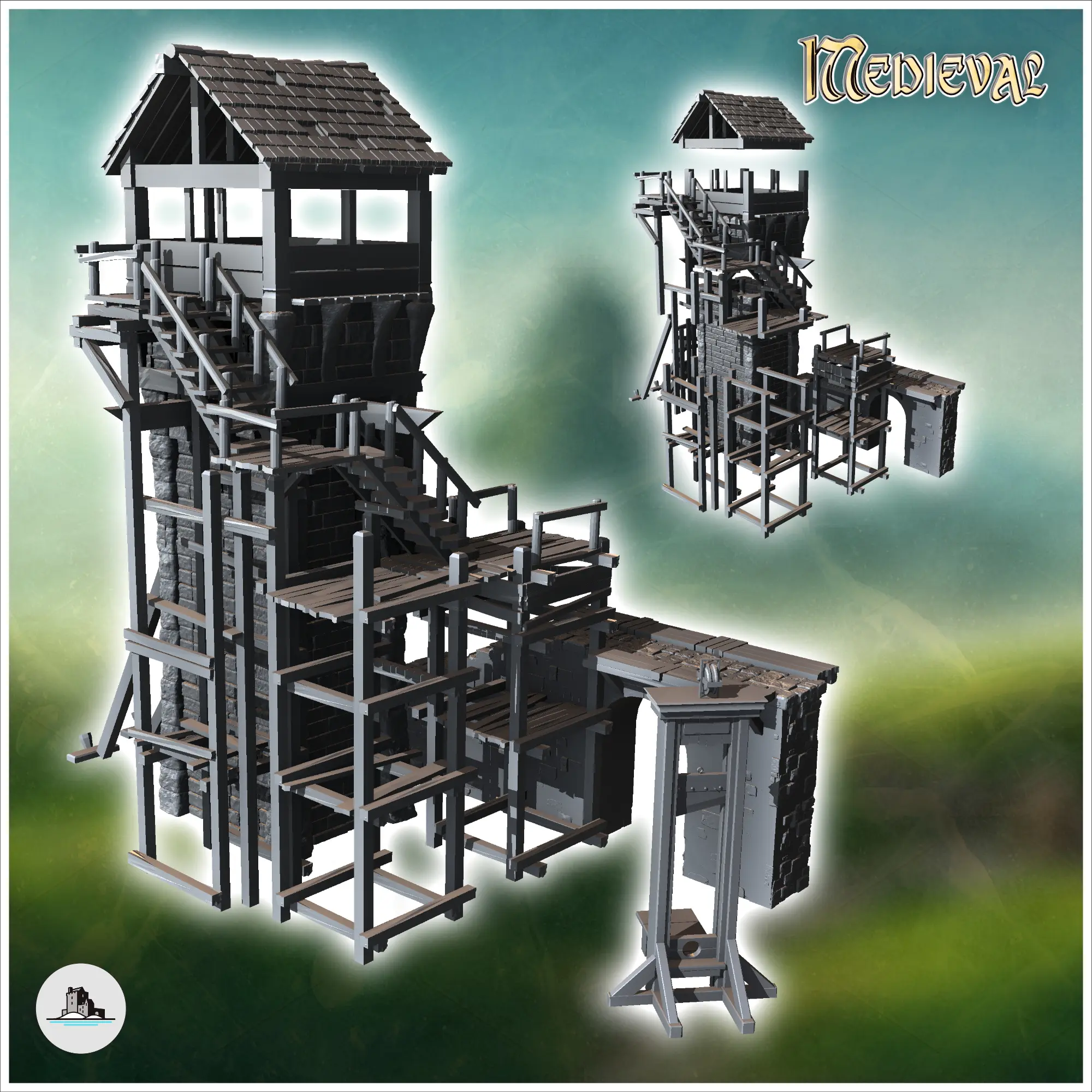 Torre medieval de piedra, escalera de madera y guillotina (14