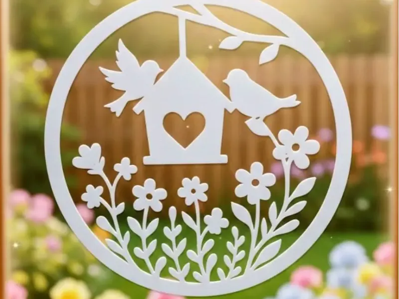 Frühlingszauber: Vögel am Vogelhaus (Wand- & Fensterdeko)