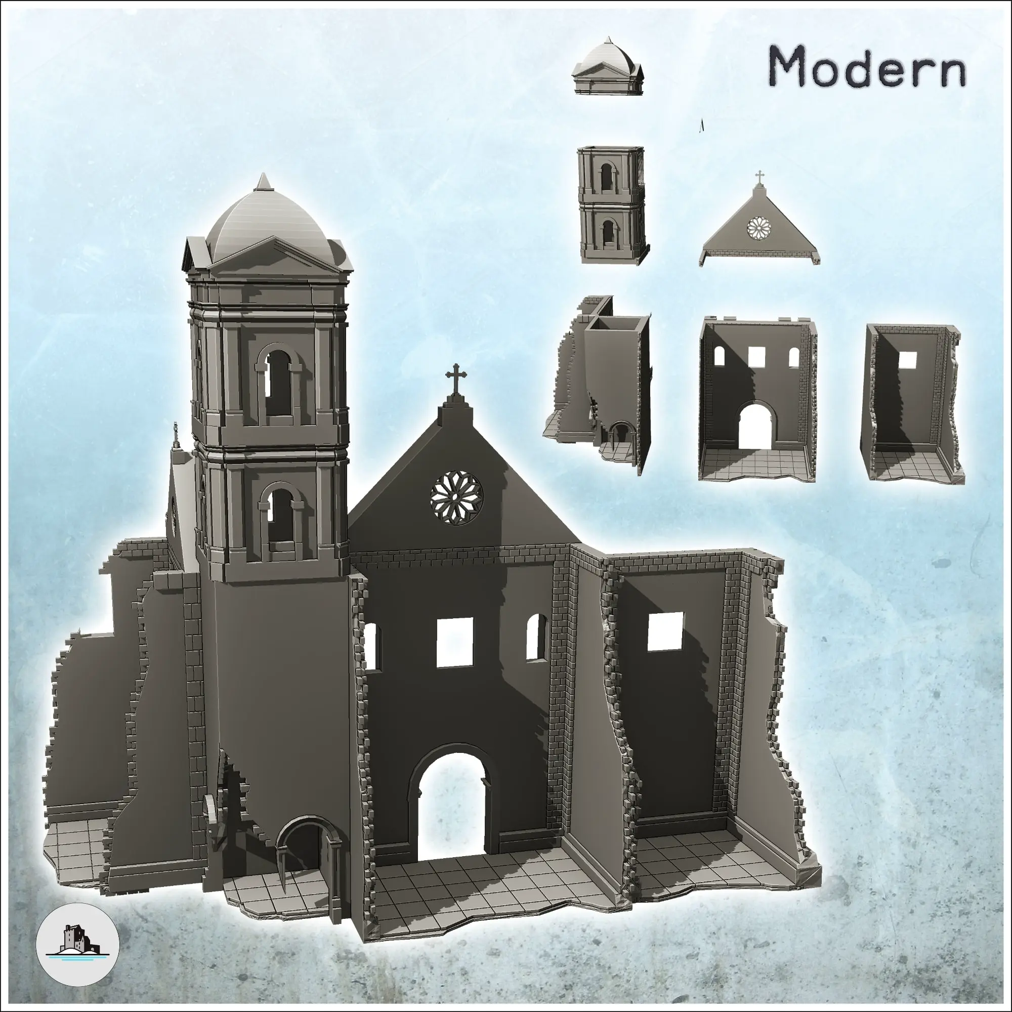 Monasterio neoclásico en ruinas con frontón y campanario