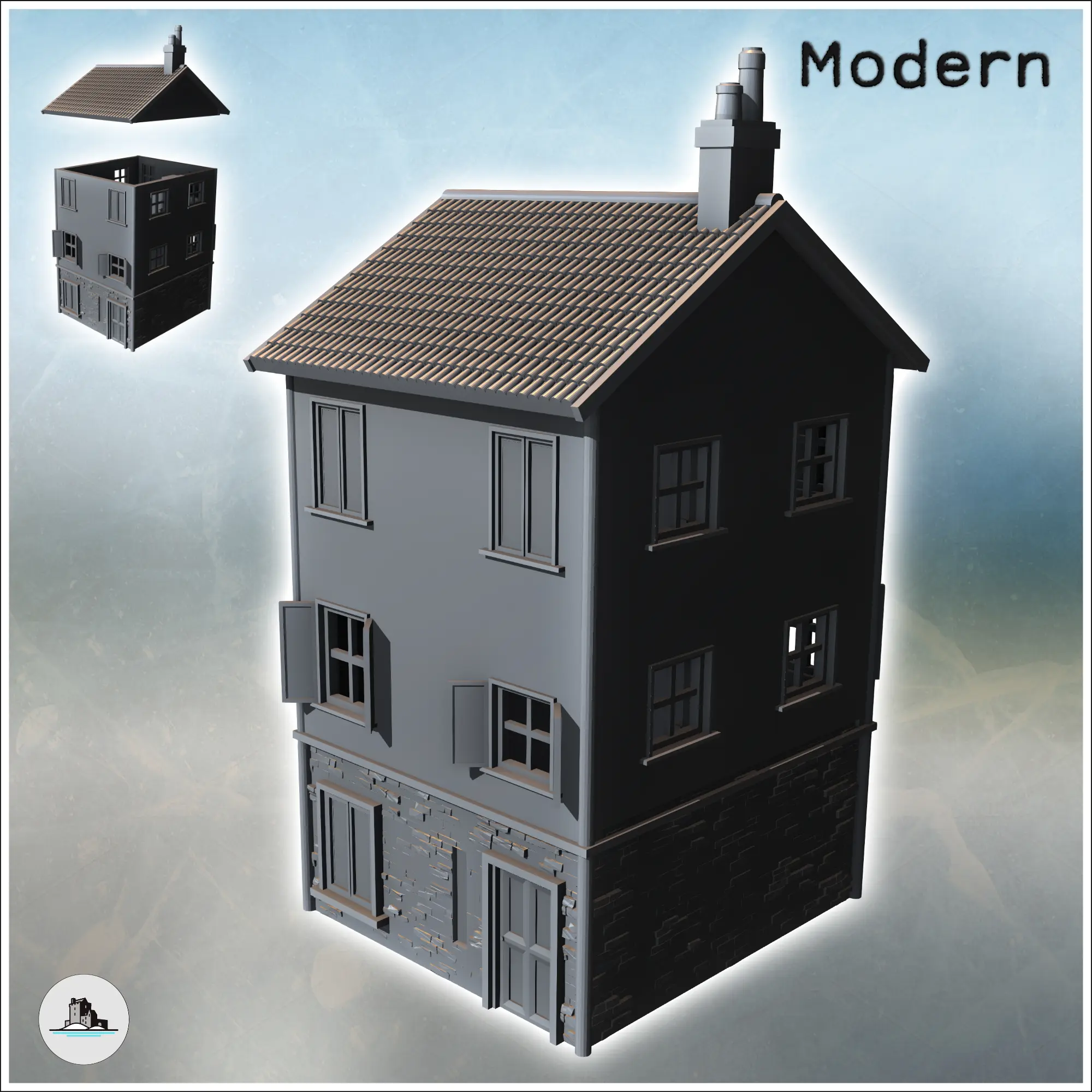 Modern two-story house with tiled roof and chimney (intact v