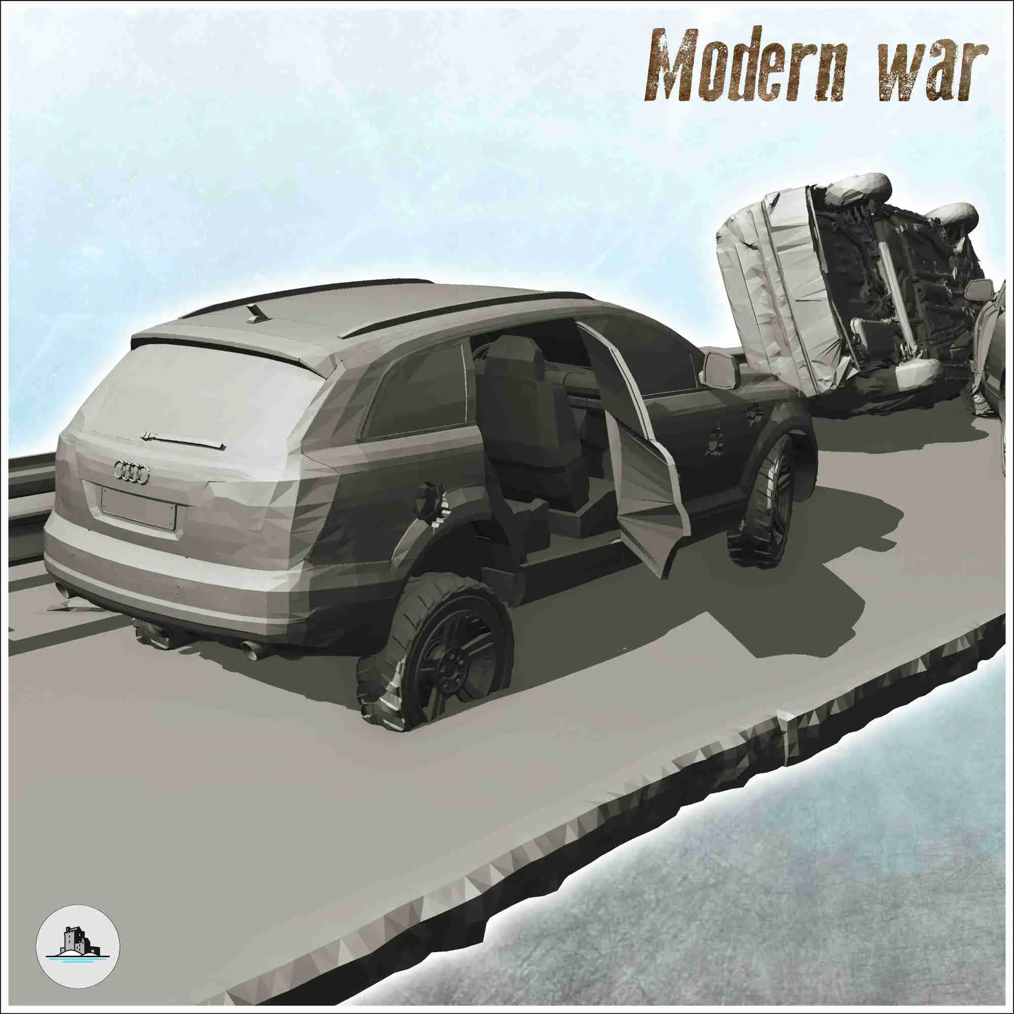Carcass of Audi Q5 and modern cars on road (7) - scenery min