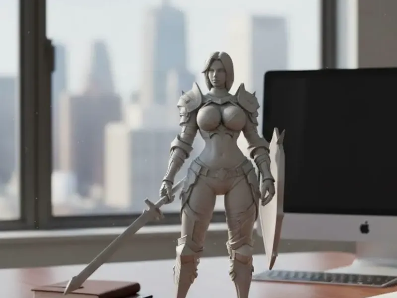 sexy woman with big tits in battle armor with shield and swo