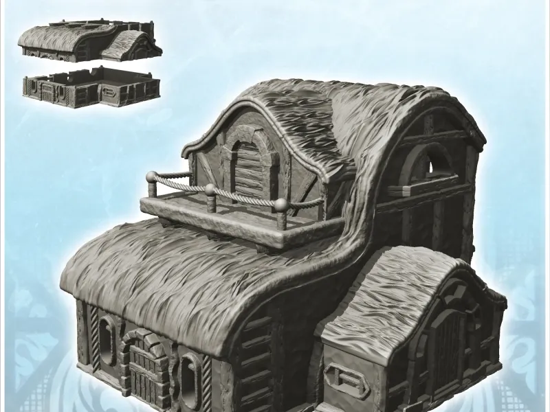 Casa medievale con balcone e balaustra in corda (2) - miniat