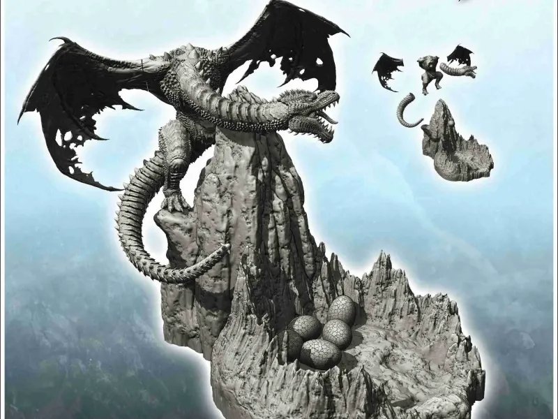 Dragón sobre promontorio rocoso con las alas dañadas y protegiendo