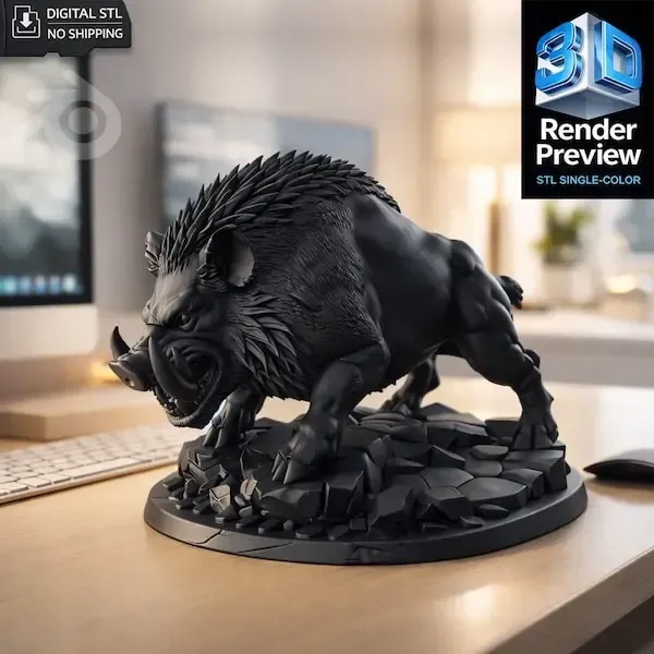 Wild Boar STL – 3D Printable Boar Statue on Rock Base