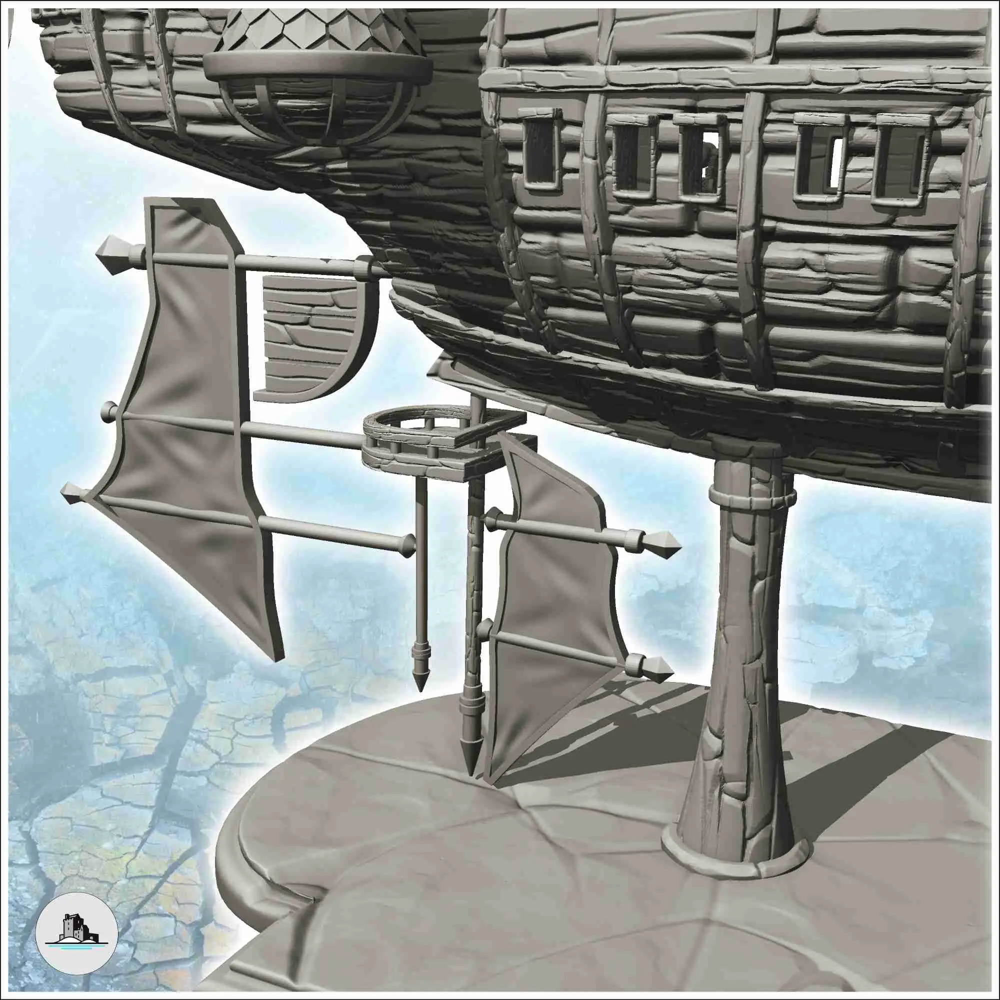 Groot steampunk vliegend schip met houten romp en meerdere sa