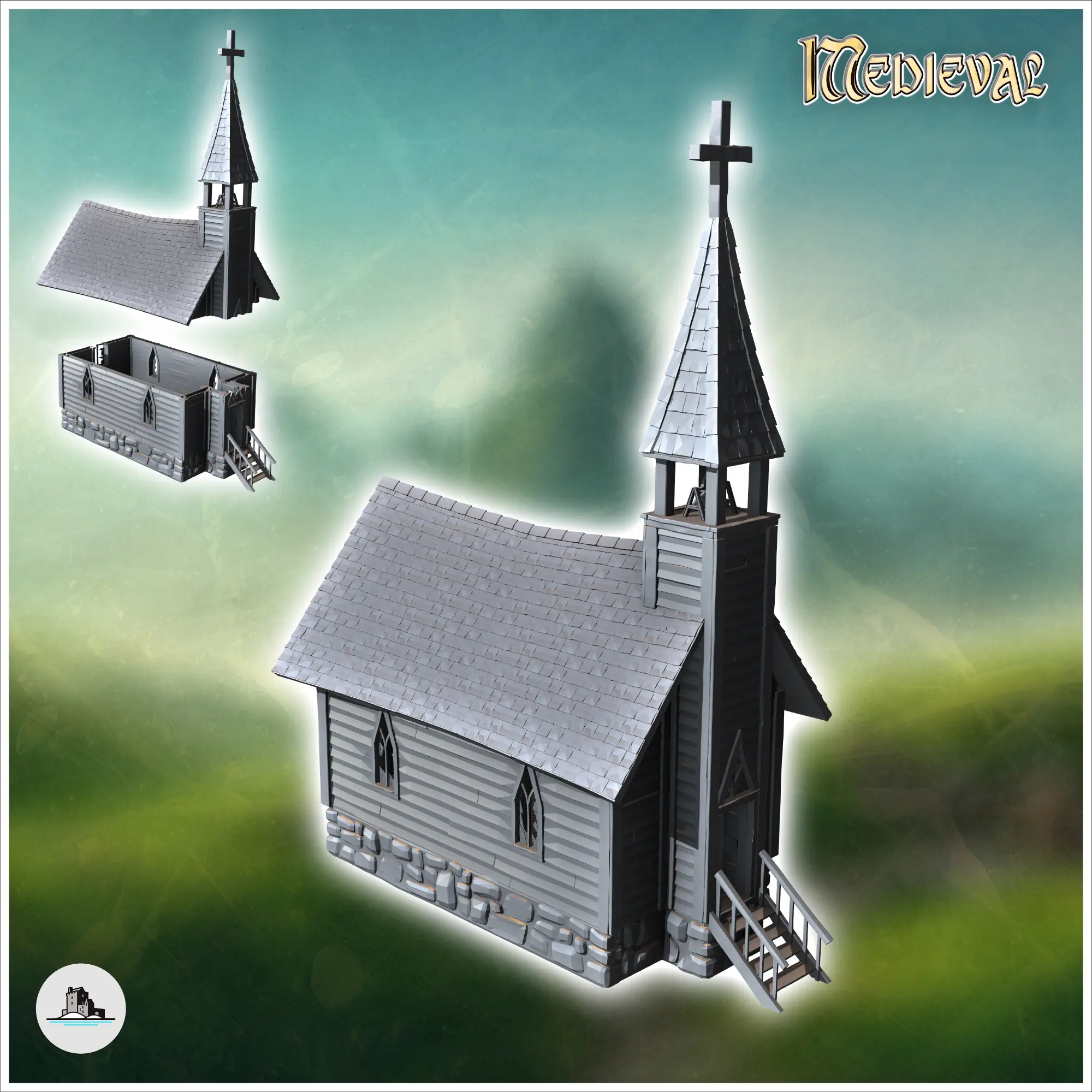 Medieval wooden chapel with a stone base and access stairs (