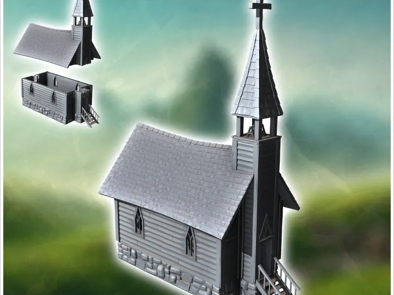 Mittelalterliche Holzkapelle mit einem Steinsockel und einer Zugangstreppe (
